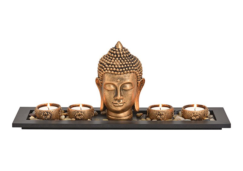 Boeddha met 4 theelichthouders, houten dienblad, decoratieve stenen, van poly goud (B/H/D) 41x17x11cm