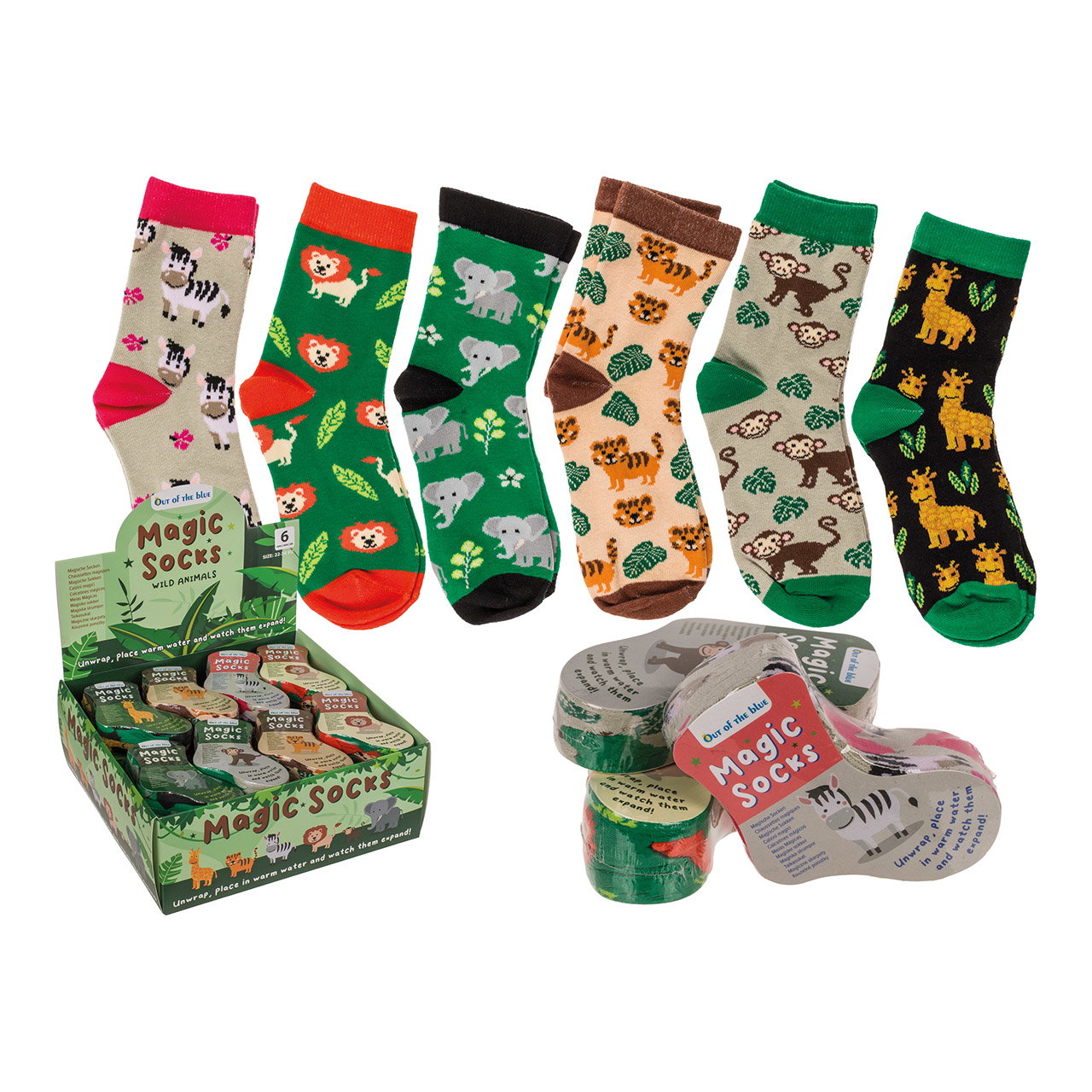 Toverkindersokken, wilde dieren, maat 22-34 gemaakt van kleurrijk textiel 6-laags, (B/H/D) 19x15x1cm Toverkindersokken, wilde dieren, maat 22-34 gemaakt van kleurrijk textiel 6-laags, (B/H/D) 19x15x1cm