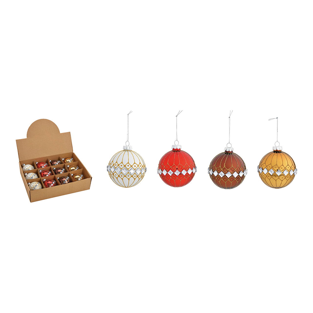 Glazen kerstbal glittersteentjes, 4-voudig, wit/rood/bruin/goud Ø8cm