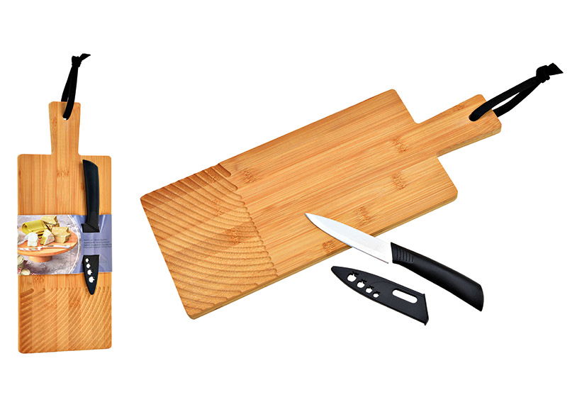 Cheese board with 1 cheese knife made of bamboo, plastic, metal nature set of 2, (W/H/D) 38x1x15cm