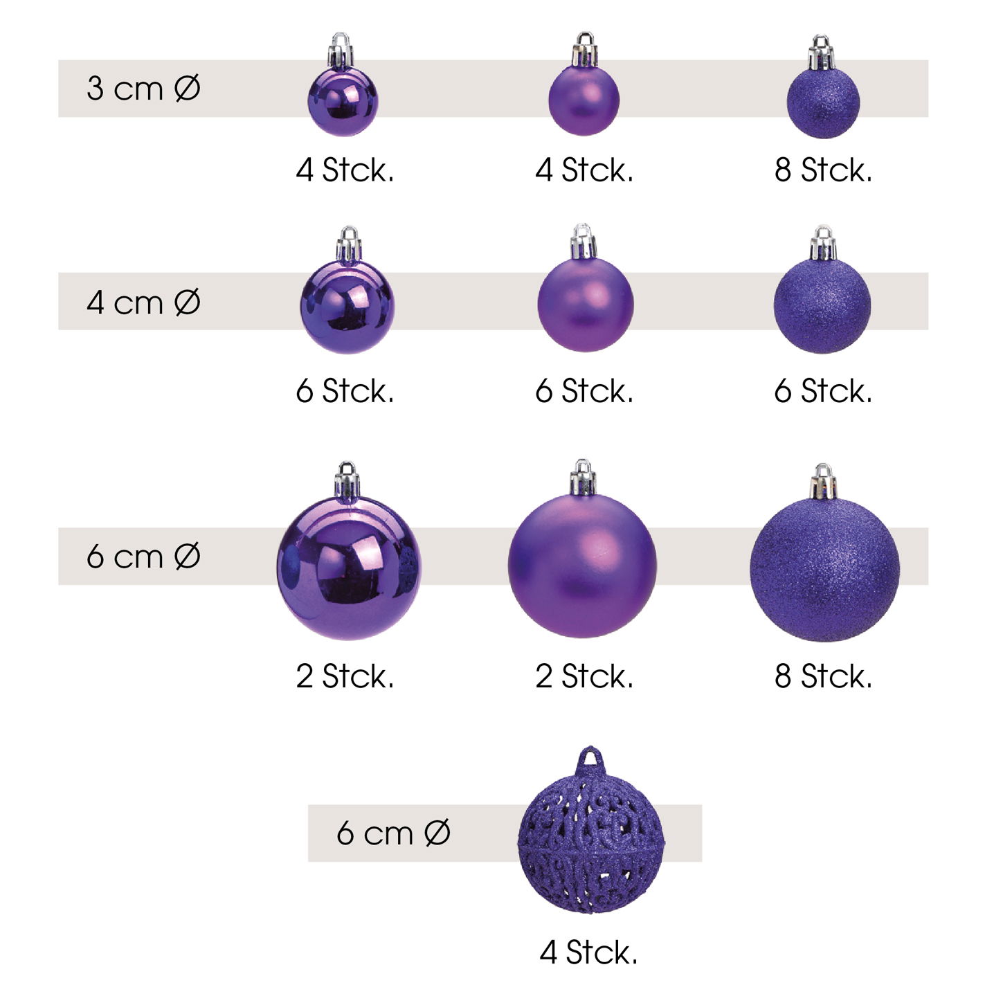 Set di palline di Natale in plastica, set di 50, viola (c/h/d) 23x18x12cm Ø3/4/6cm