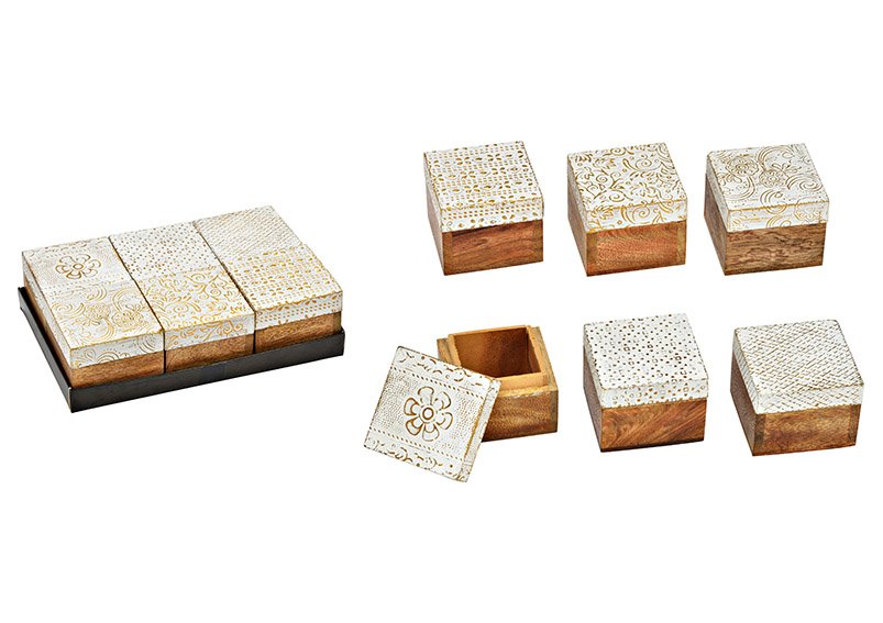 Boîte à bijoux en bois de manguier naturel, blanc 6 compartiments, (L/H/P) 6x5x6cm