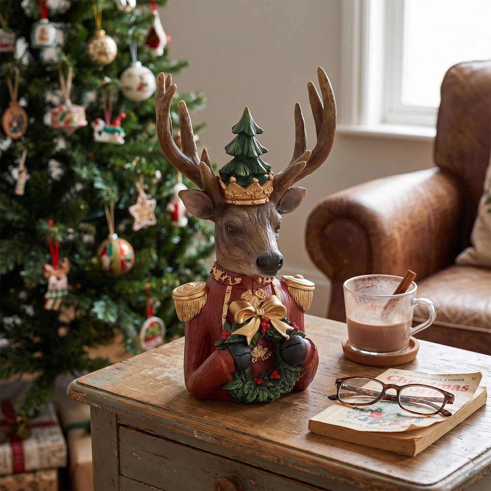 Hirsch Weihnachts Dekor aus Poly Bordeaux (B/H/T) 13x23x8cm Reh, Weihnachtsdeko, Kunststofffigur, Krone, Wreath