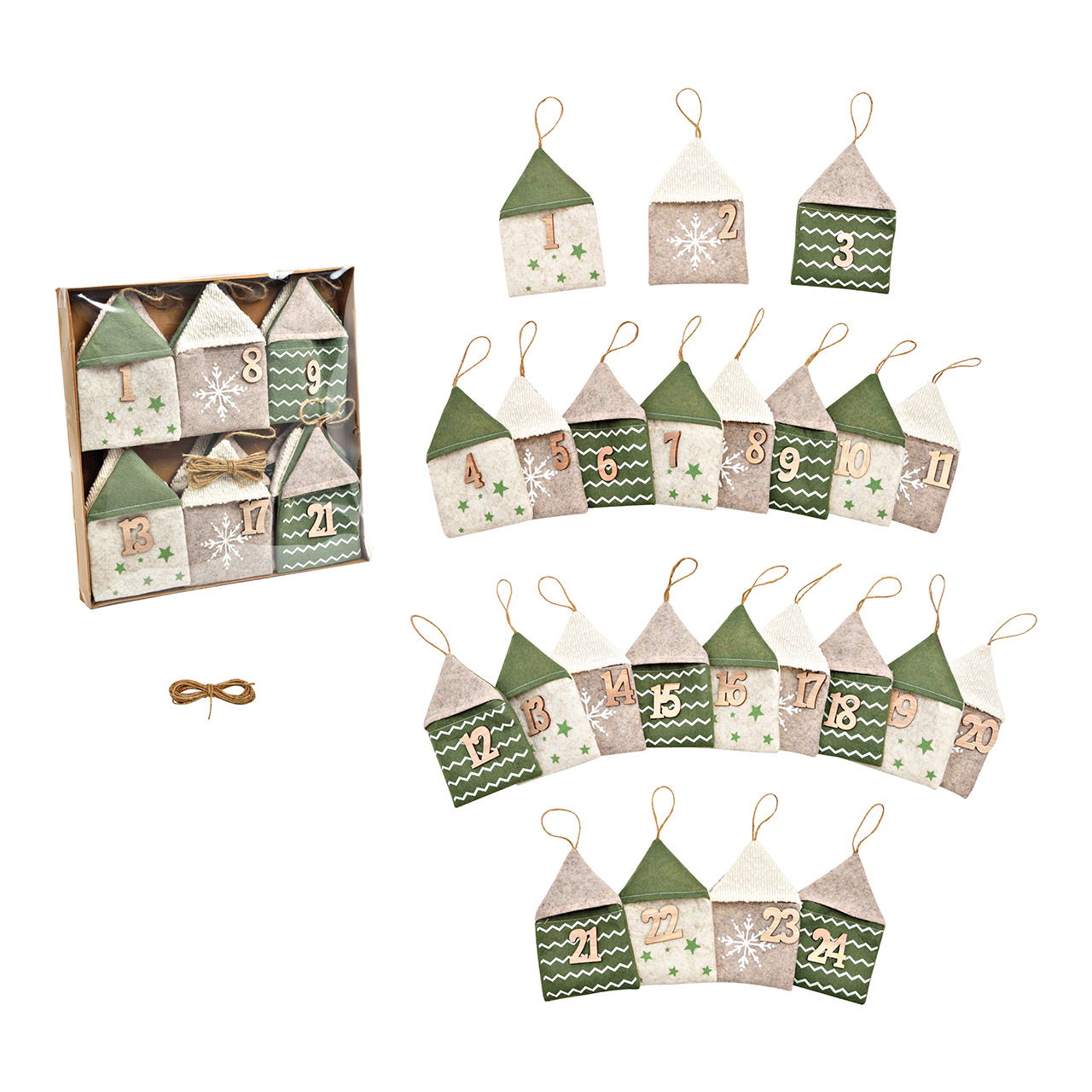 Advent calendar house made of textile, 24 bags (W/H/D) 10x16x1cm, green/beige (W/H/D) 200x15x1cm