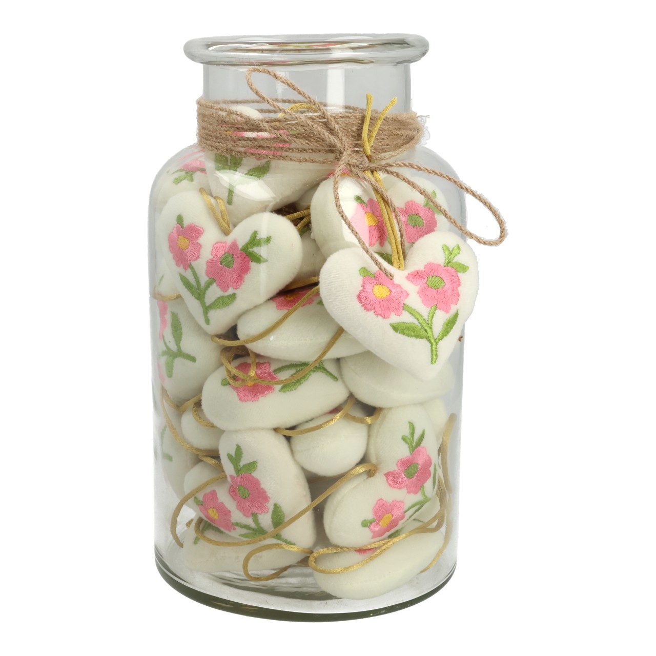Appendino cuore fiori decoro 40 pezzi in vetro in tessuto bianco (L/H/D) 8x8x3cm Kissenherzen, Stoffherzen, Blumenmuster, Juteschnur, Glasglasur