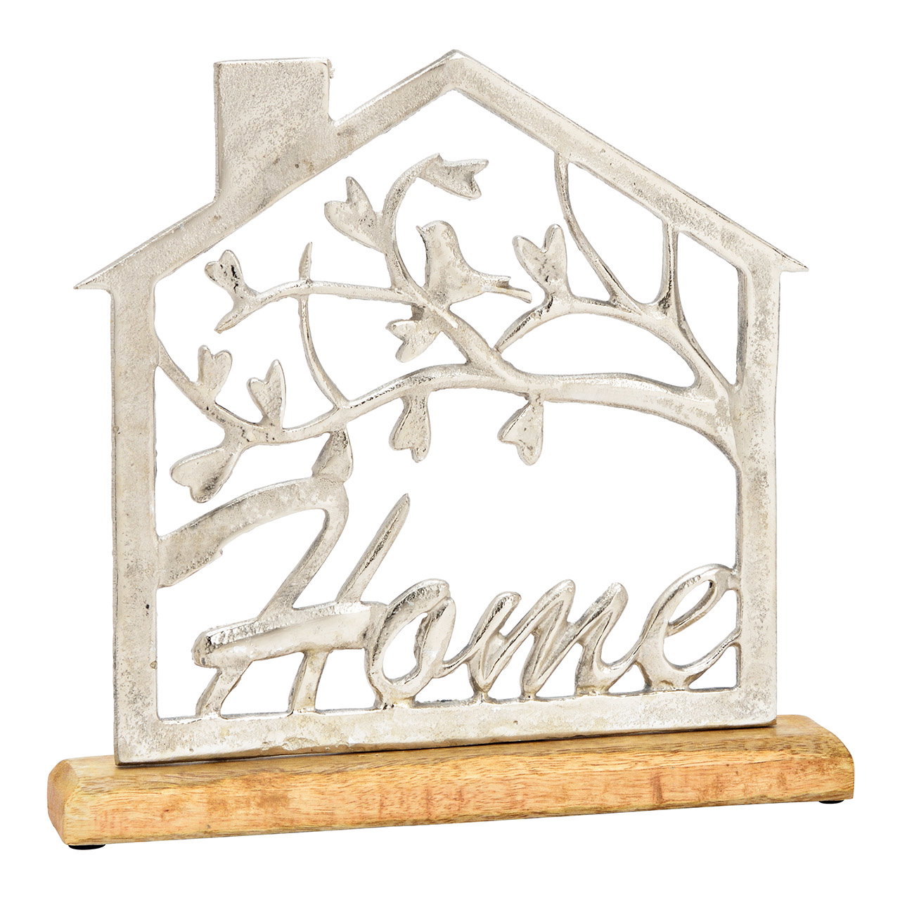 Supporto per casa, scritta Home, su base in legno di mango, in metallo argentato (L/H/D) 30x29x5cm Supporto per casa, scritta Home, su base in legno di mango, in metallo argentato (L/H/D) 30x29x5cm