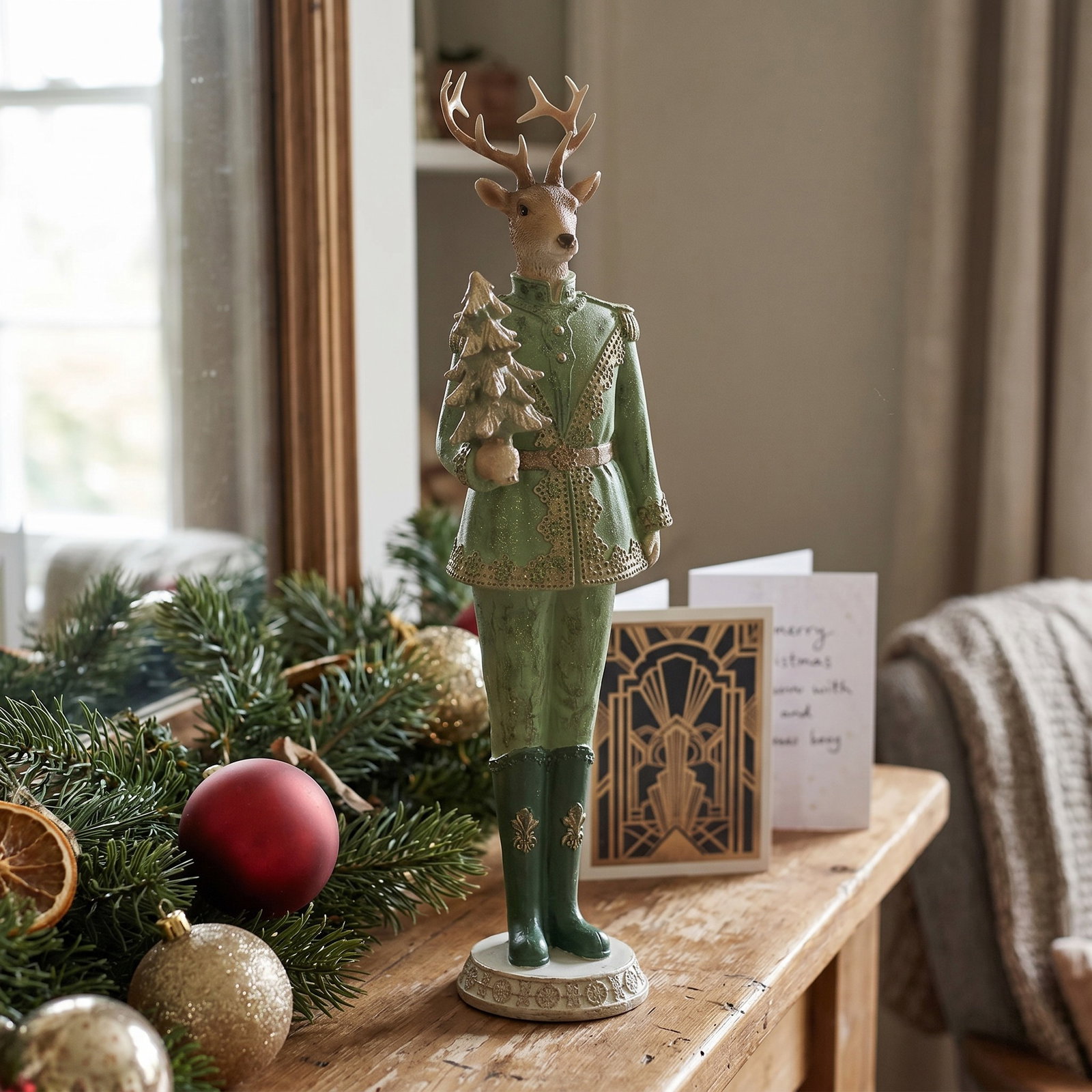 Hirsch stehend aus Poly Grün (B/H/T) 11x39x10cm deer figurine, deer statue, green coat, winter decor, reindeer figurine
