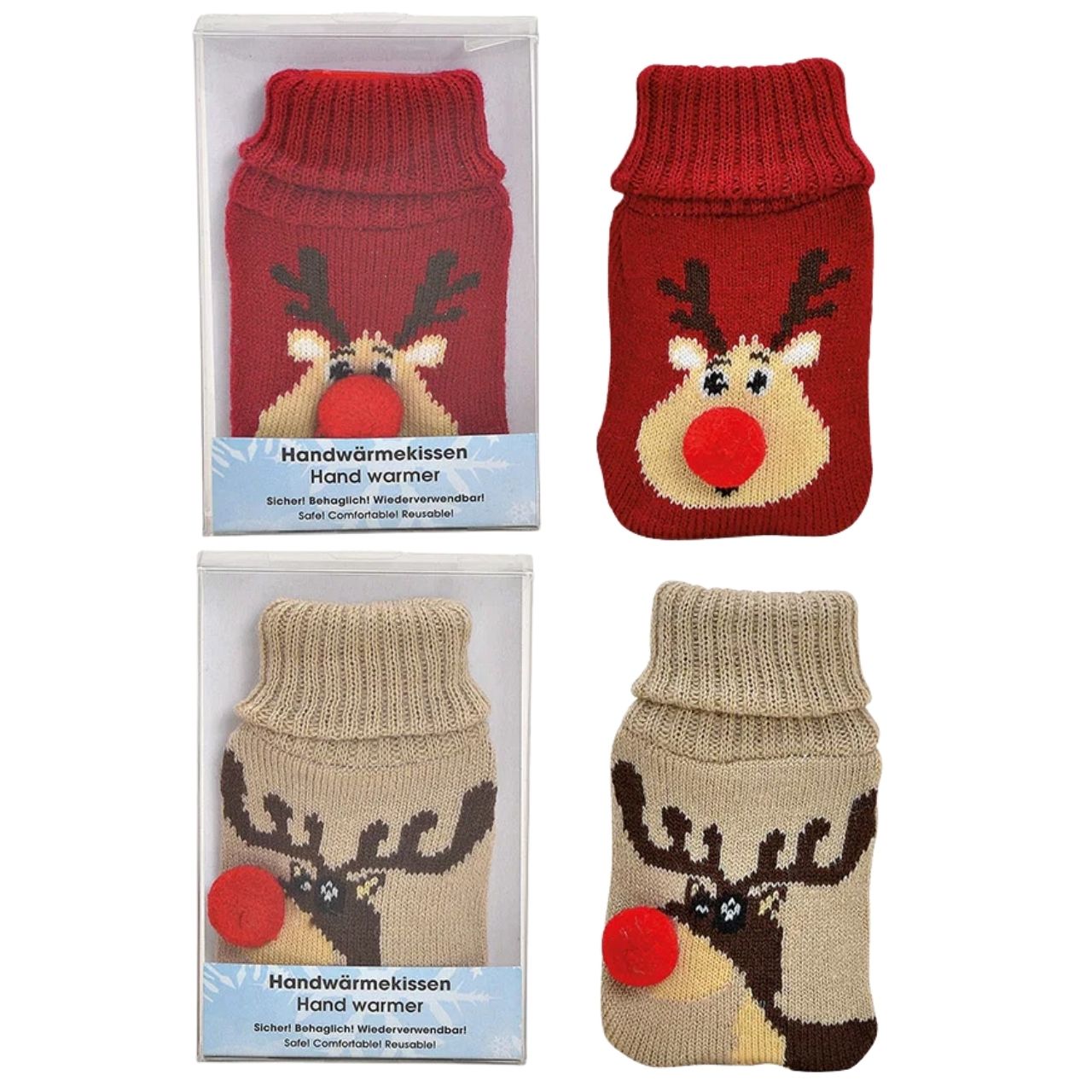 Réchauffeur de poche Renne Housse tricotée en plastique Rouge, beige 2 fois, (L/H/P) 7x12x1cm Handwärmer, Mützenwärmer, Winterset, Kleidung Zubehör, Verpackungsvorderseite