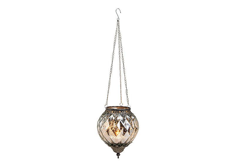 Windlight morocco design for hanging with a chain 35 cm, glass & metal, silver (w/h/d) 15x19x15cm