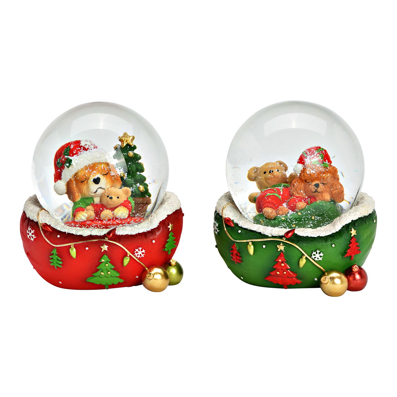 Globo di neve cane con orso in poli/verde, 2 pieghe, rosso/verde (L/H/D) 7x9x7cm Globo di neve cane con orso in poli/verde, 2 pieghe, rosso/verde (L/H/D) 7x9x7cm