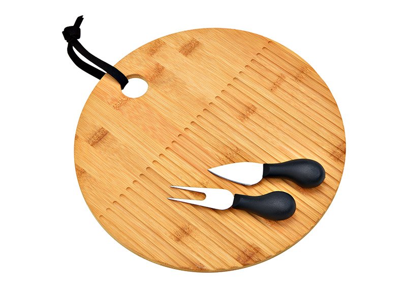 Cheese board with 2 cheese knives bamboo, plastic, metal nature set of 3, Ø28cm