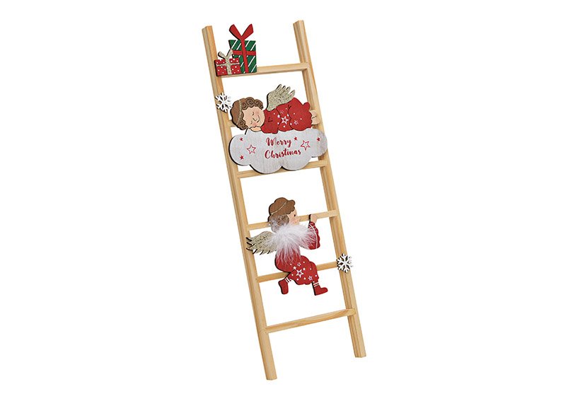 Ange sur échelle, Merry Christmas, en bois naturel, rouge (L/H/P) 14x45x3cm
