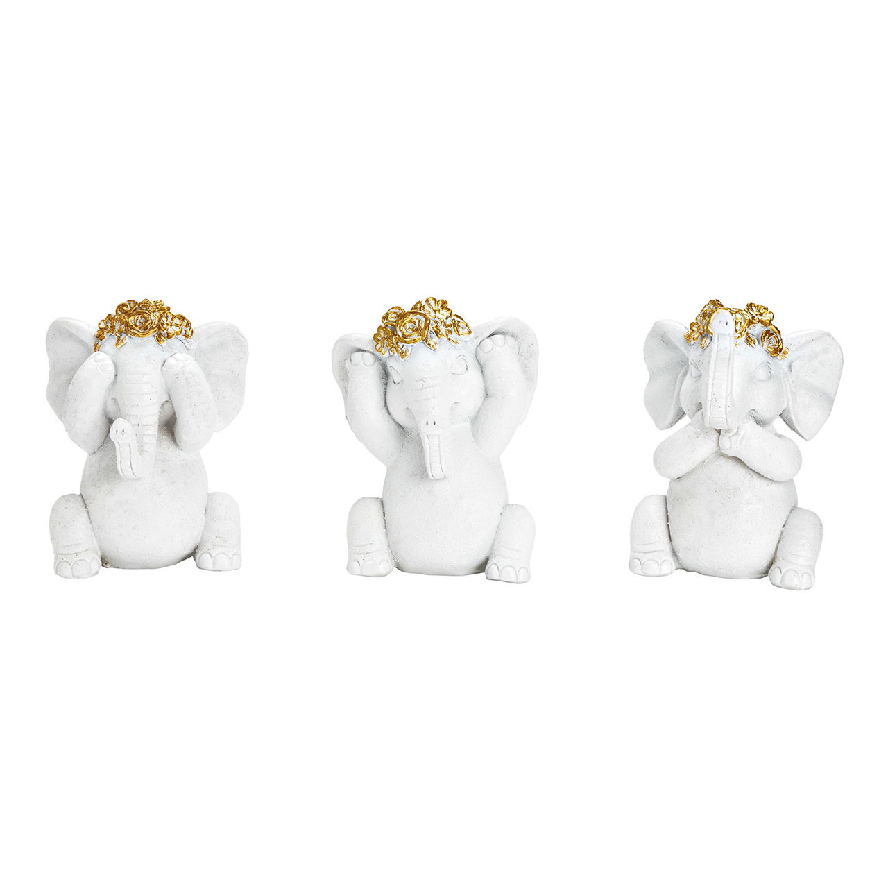 Elefante con corona de flores de poliéster blanco 3 pliegues, (A/A/P) 10x13x9cm Elefante con corona de flores de poliéster blanco 3 pliegues, (A/A/P) 10x13x9cm