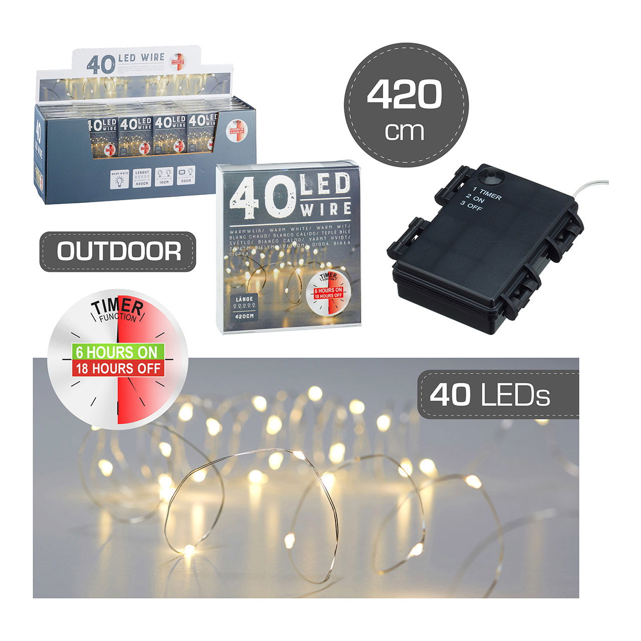 Lictherkette Mikro Outdoor 40 LED avec minuterie, 420cm de fil, LED blanc chaud en métal argenté (L) 420cm fonctionnement sur piles 2xAA non incluses