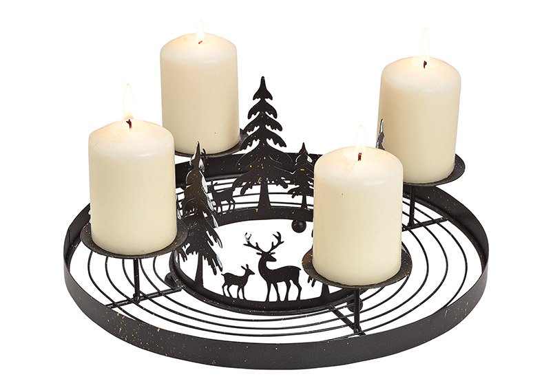 Advent wreath, candle holder, winter forest decor, metal, black, 30x13x30cm