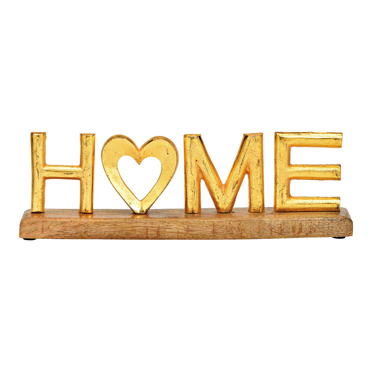 Displaystandaard schrijftrein, HOME, op mango houten voet, gemaakt van metaal goud (w/h/d) 33x10x5cm