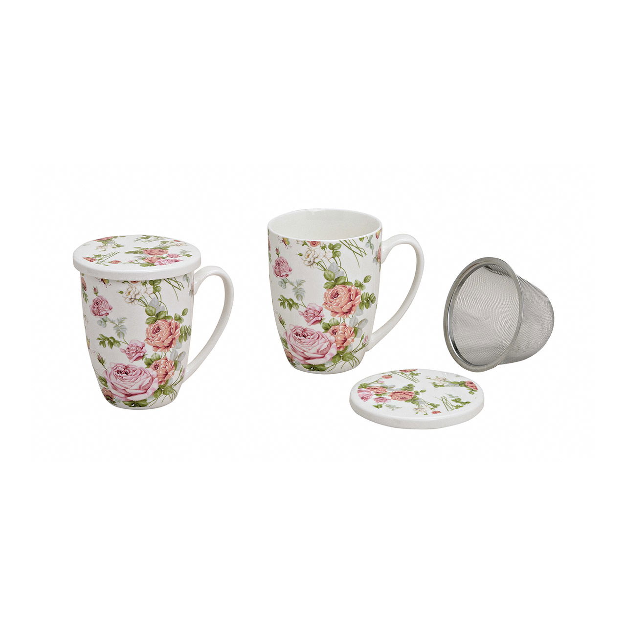 Taza de té con tapa y colador, decoración de rosas, de porcelana, 11 cm