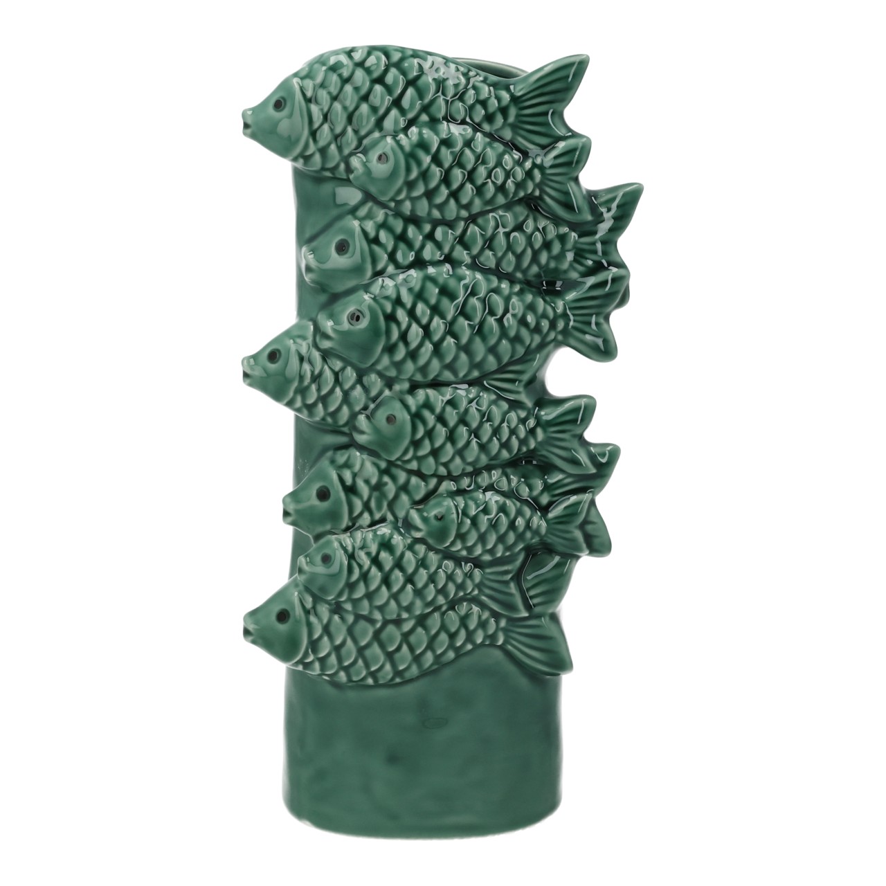 Vaso a forma di pesce in porcellana verde (L/A/P) 12x25x8 cm figural candle, Fischmotiv, grün, gestapelte Fische, Kerzenhalter aus Keramik