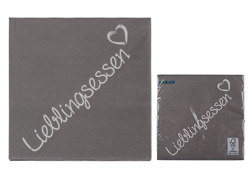 Serviettes en papier gris Liebingsessen 3 plis 20 pcs. en polybag noir (L/H) 33x33cm