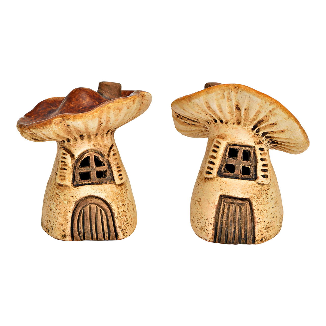 Figur Pilz Haus mit LED aus Steingut, 2-fach, Braun (B/H/T) 8x10x8cm Batteriebetrieb 2xLR44 nicht enthalten 