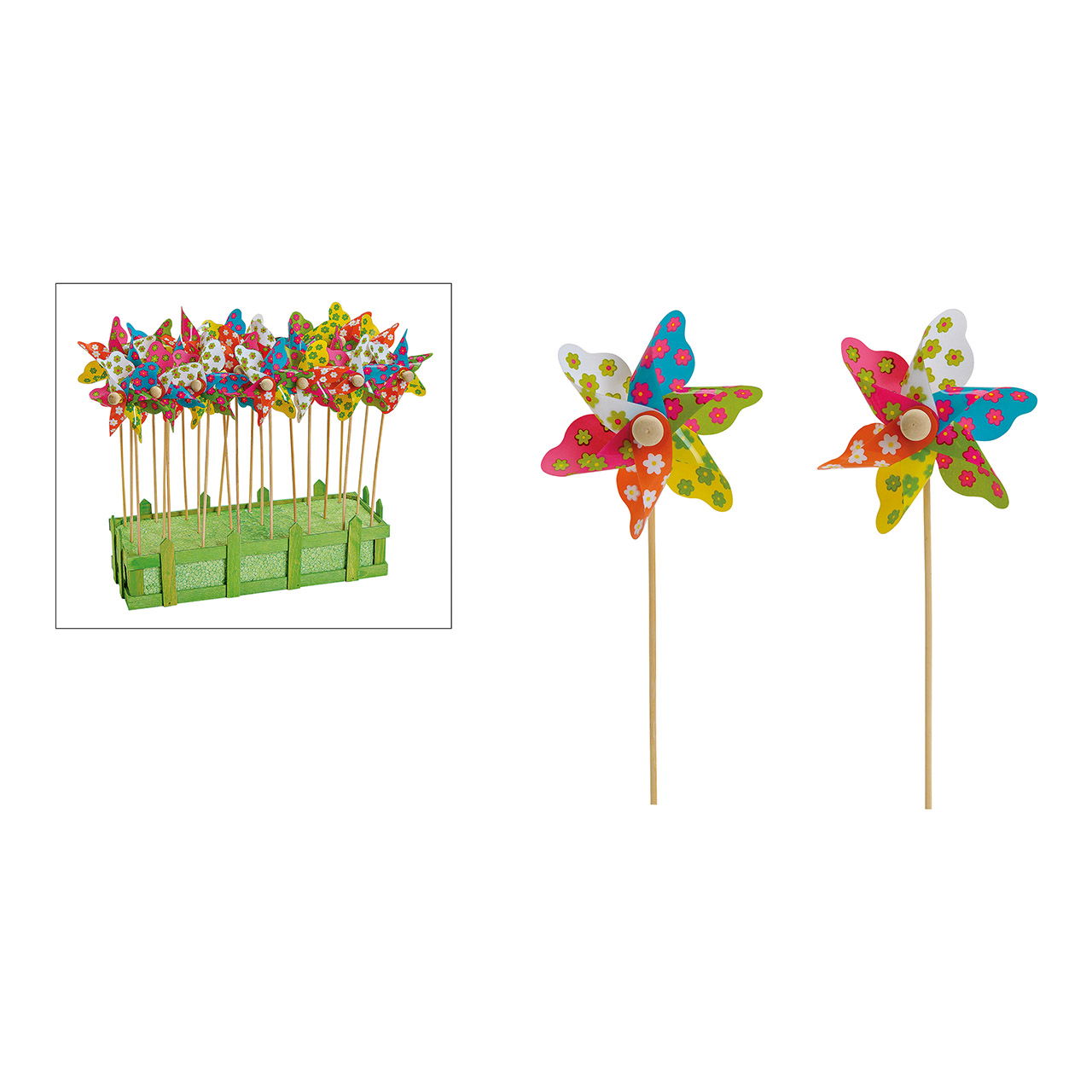Ruota del vento con tappo a fiore in plastica/legno, colorata (L/H/D) 9x28x4cm Ruota del vento con tappo a fiore in plastica/legno, colorata (L/H/D) 9x28x4cm
