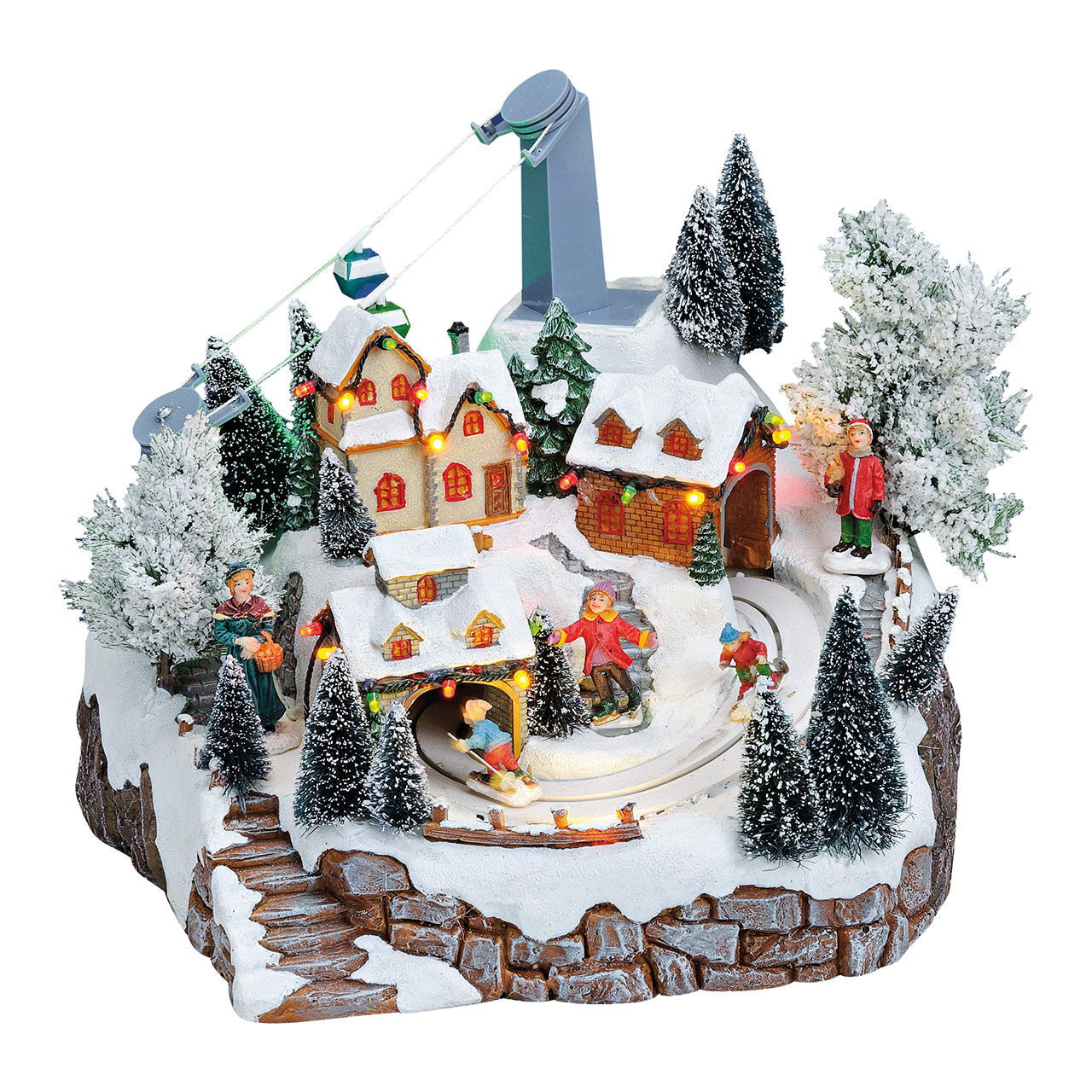 Scène d'hiver Téléphérique avec lumière, musique, mouvement. Téléphérique, skieur en poly 24x25x23cm Scène d'hiver Téléphérique avec lumière, musique, mouvement. Téléphérique, skieur en poly 24x25x23cm