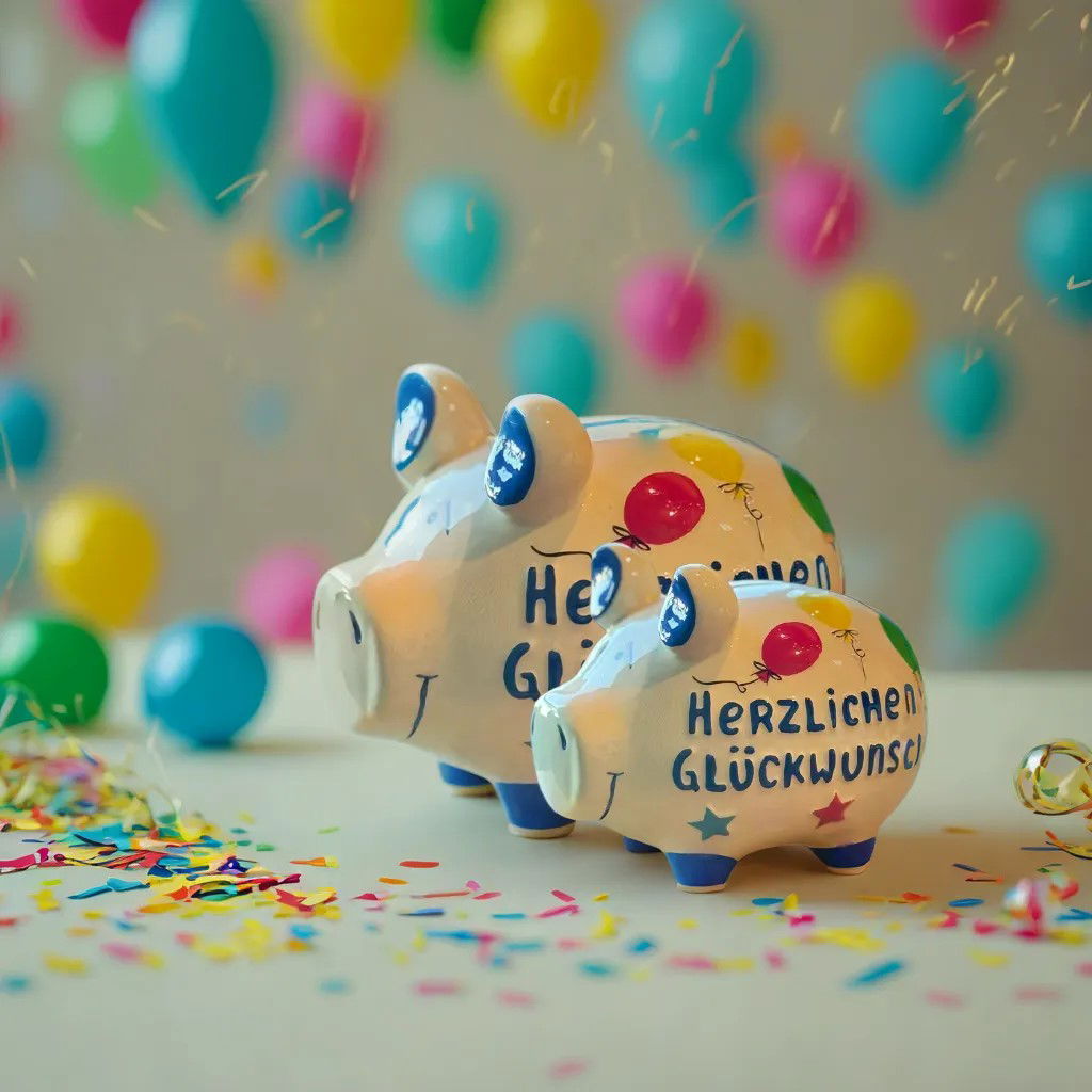 KCG Sparschwein "Herzlichen Glückwunsch" aus Keramik, Bunt (B/H/T) 12,5x9x9 cm Kleinschwein Zahl, Symbol, Text