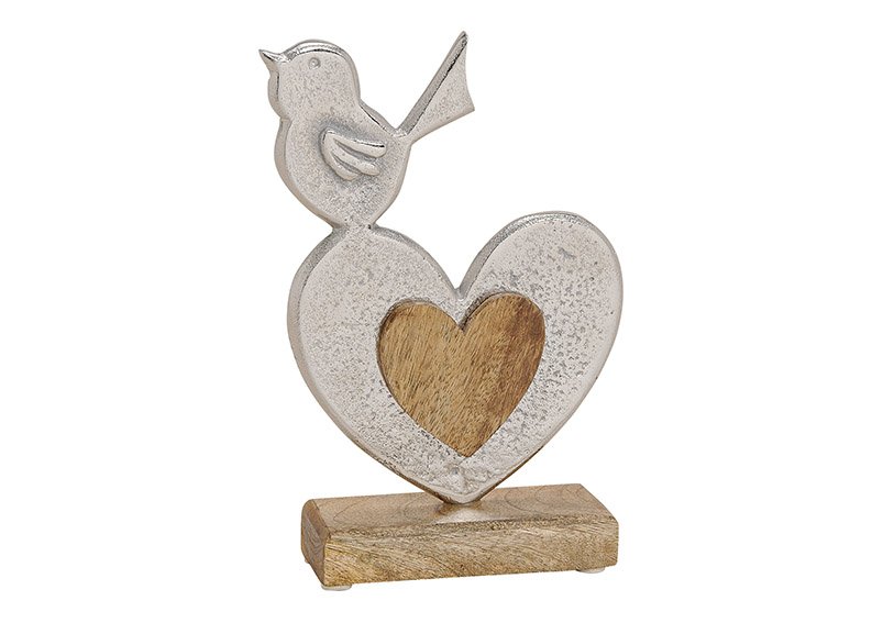 Mantel individual pájaro sobre corazón de metal, base de madera de mango, plata, marrón (A/H/D) 14x22x5cm