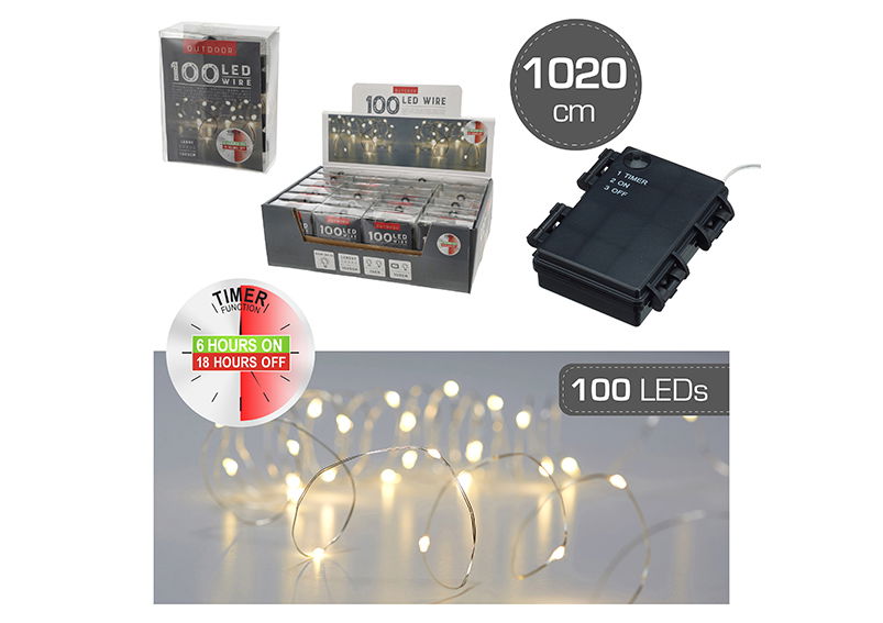Lictherkette Mikro Outdoor 100 LED mit Timer, 1020cm Draht, LED warmweiß aus Metall silber (B) 1020cm Batteriebetrieb 3x AA nicht enthalten