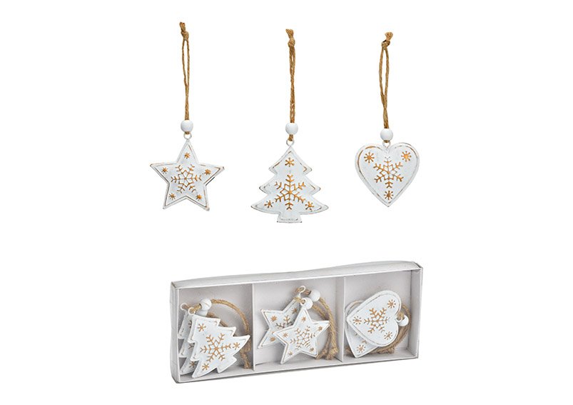 Set de 6 étiquettes de Noël, coeur, étoile, arbre, en métal blanc (L/H) 5x5cm