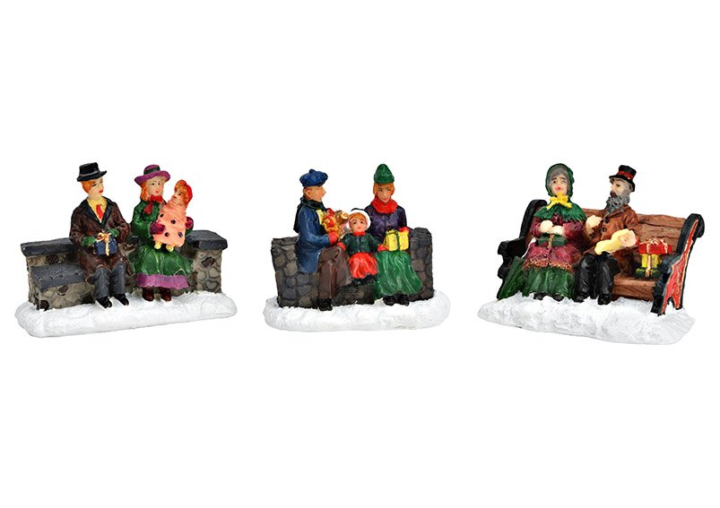 Miniature figures couple on bench poly colorful 3-fold, (W/H/D) 6x5x4cm 7x5x3cm 7x5x3cm