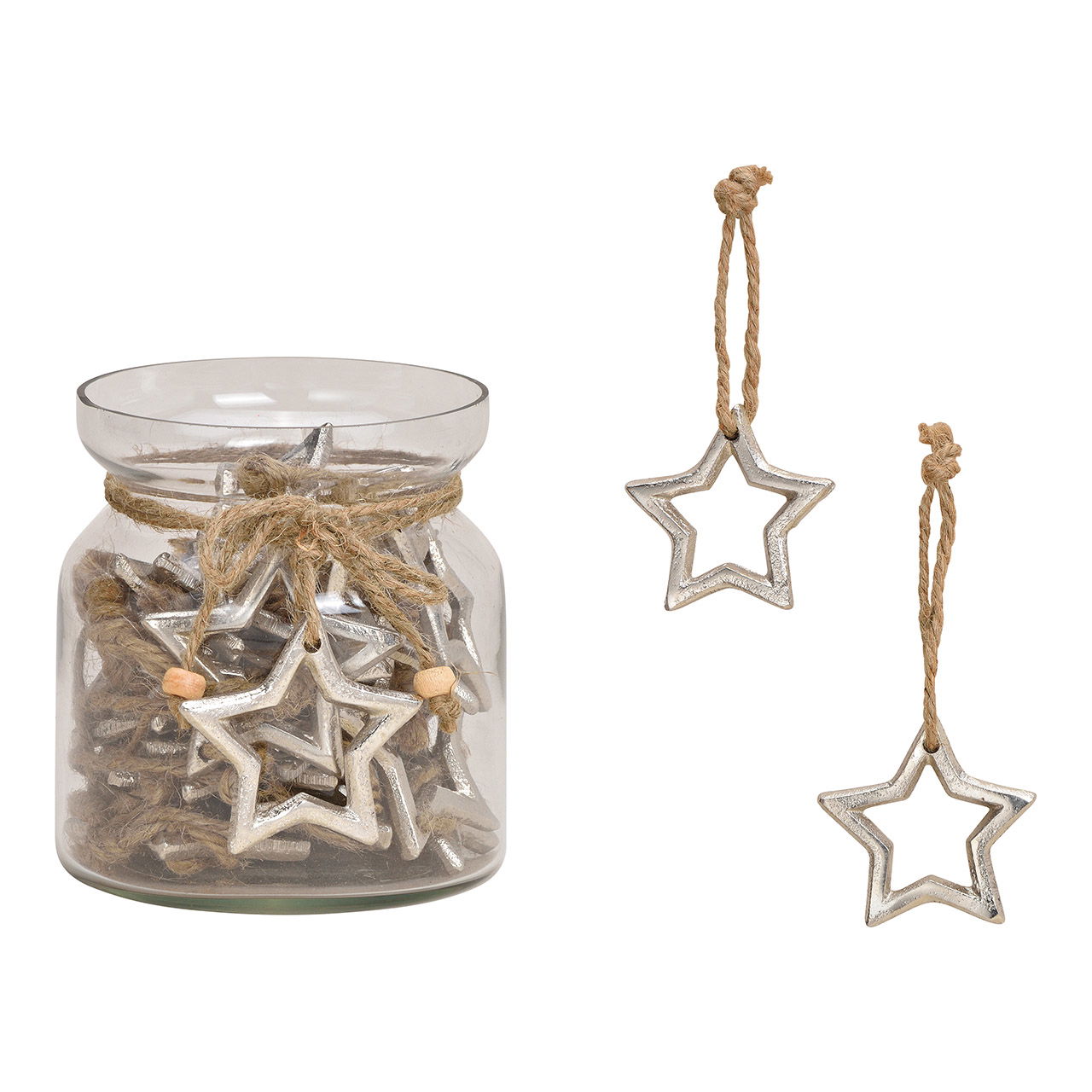 Silver metal star pendant (W/H/D) 6x5x0.5 cm, 30 pieces in glass jar 10x12x10cm