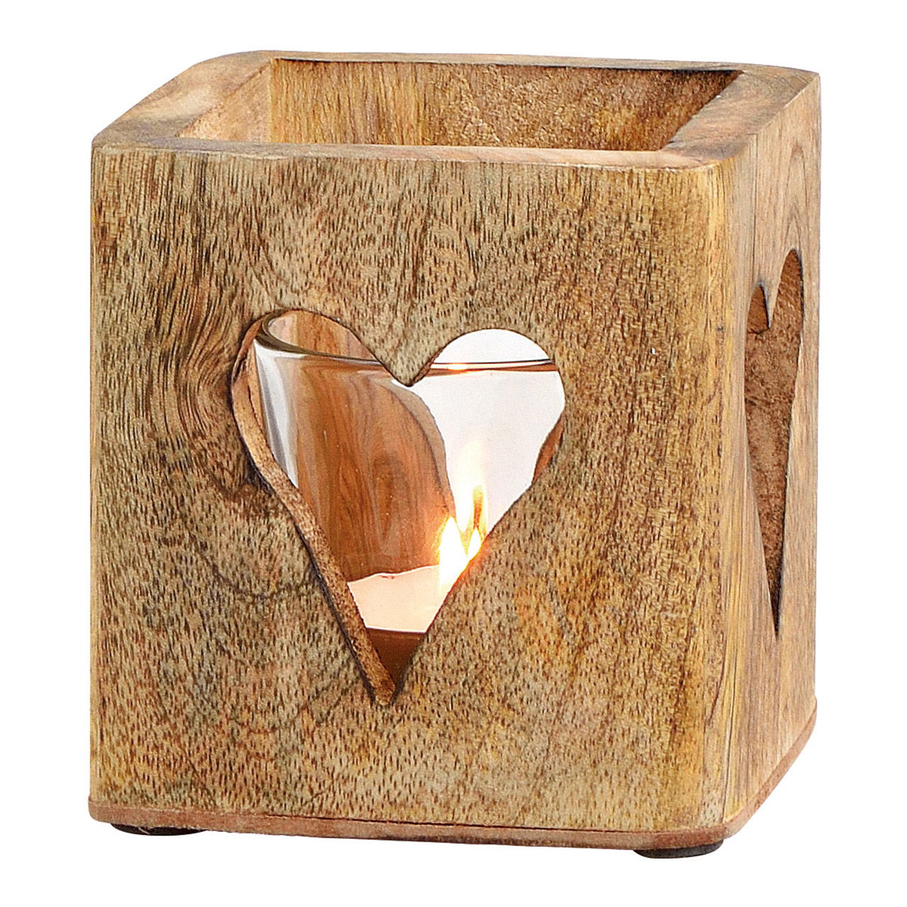 Windlight heart mangowood glass wood brown 9x9x9cm