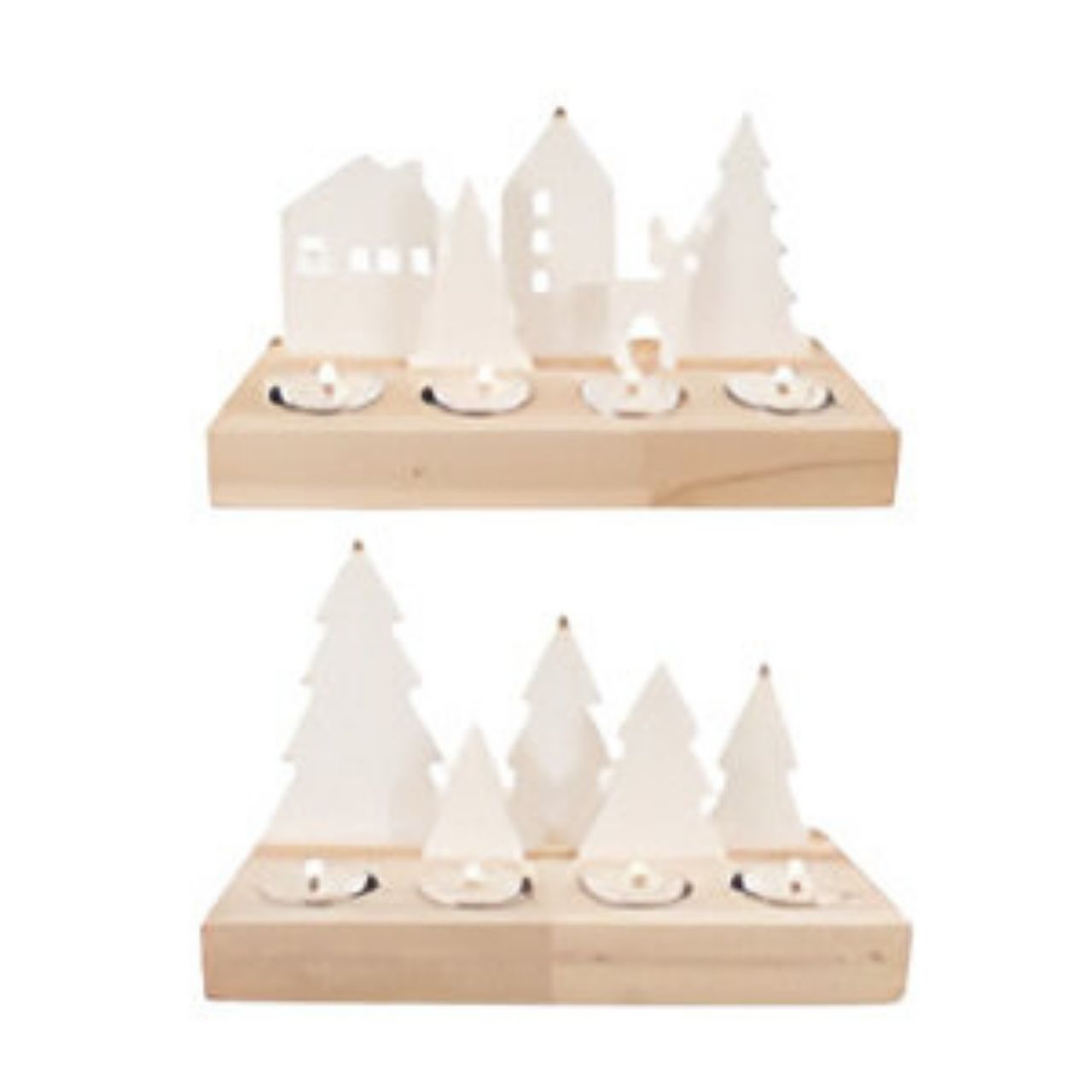 Candle plate for 4 candles, tree / house decoration, 2 assorted motifs, porcelain, 12x25x3cm, 1 piece, white