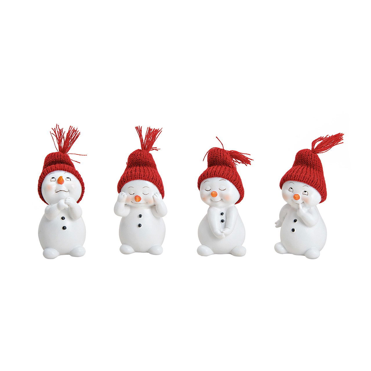 Schneemann mit roter Strickmütze aus Poly, Weiß, 4-fach sortiert, (B/H/T) 6x11x6cm Natur, Draußen, Hut, Person, Winter