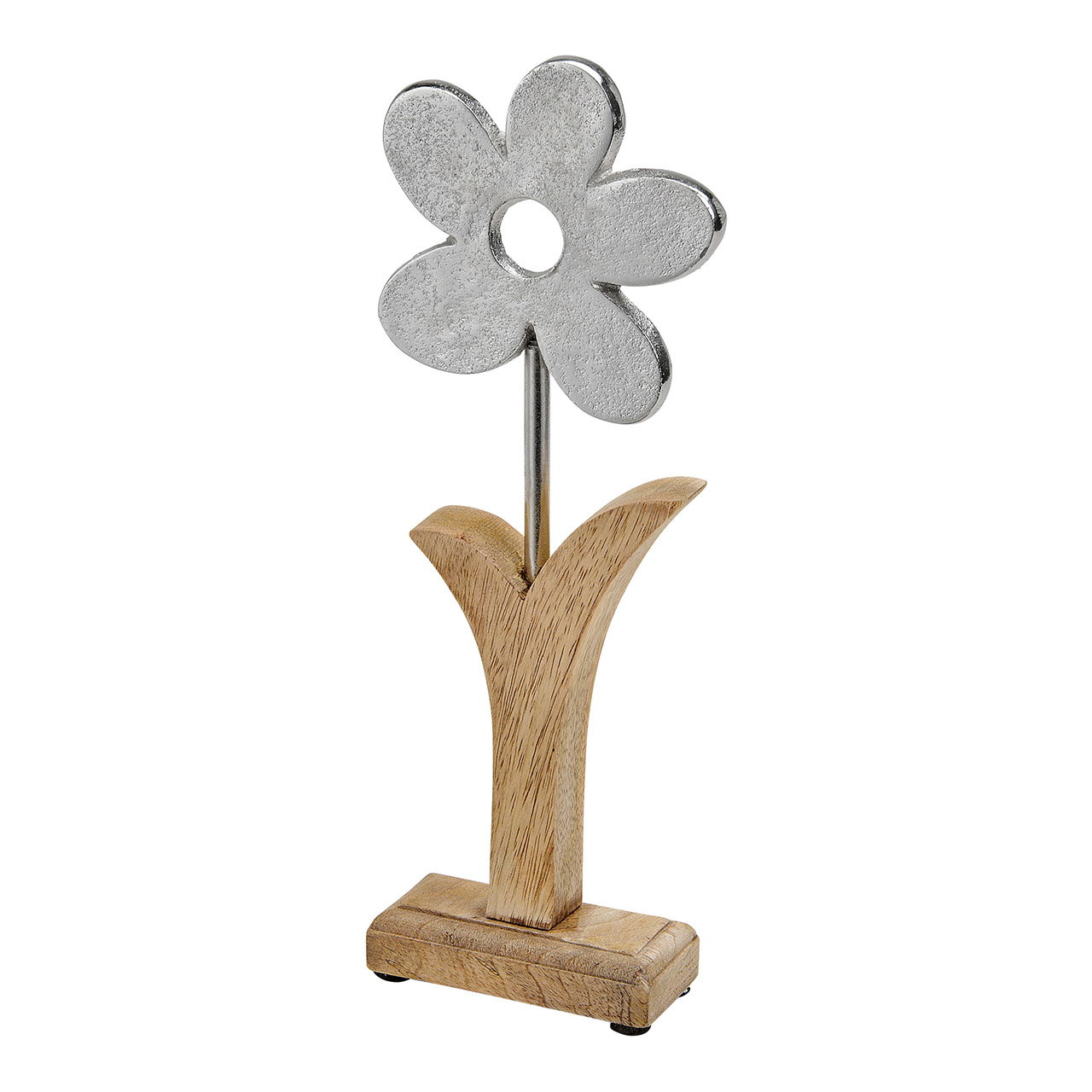 Flower metal/mango wood made of metal silver (W/H/D) 10x30x5cm Blume, Metallblume, Holzständer, Dekoration, Silberne Blume