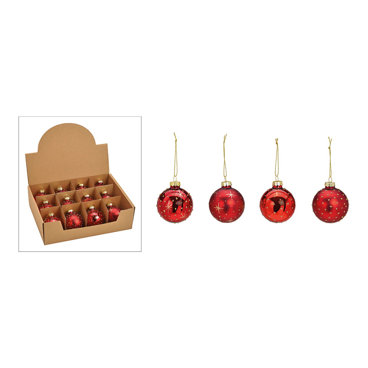 Weihnachtskugel aus Glas, 4-fach, Rot/Gold Ø6cm Weihnachtskugel aus Glas, 4-fach, Rot/Gold Ø6cm