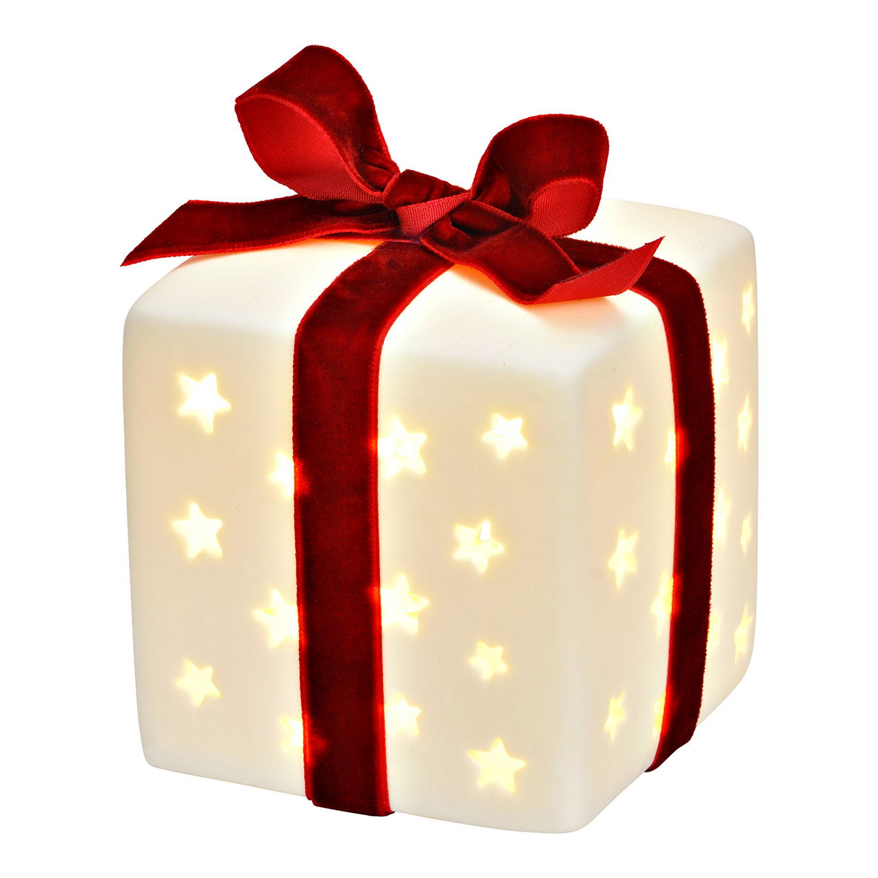 Geschenk mit LED aus Porzellan, Weiß (B/H/T) 8x10x8cm Batteriebetrieb 3xLR44 nicht enthalten Geschenk mit LED aus Porzellan, Weiß (B/H/T) 8x10x8cm Batteriebetrieb 3xLR44 nicht enthalten