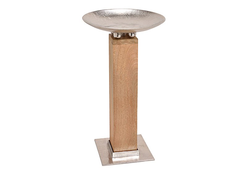 Bowl metal on mango wood pillar, brown silver color 41x75x41cm