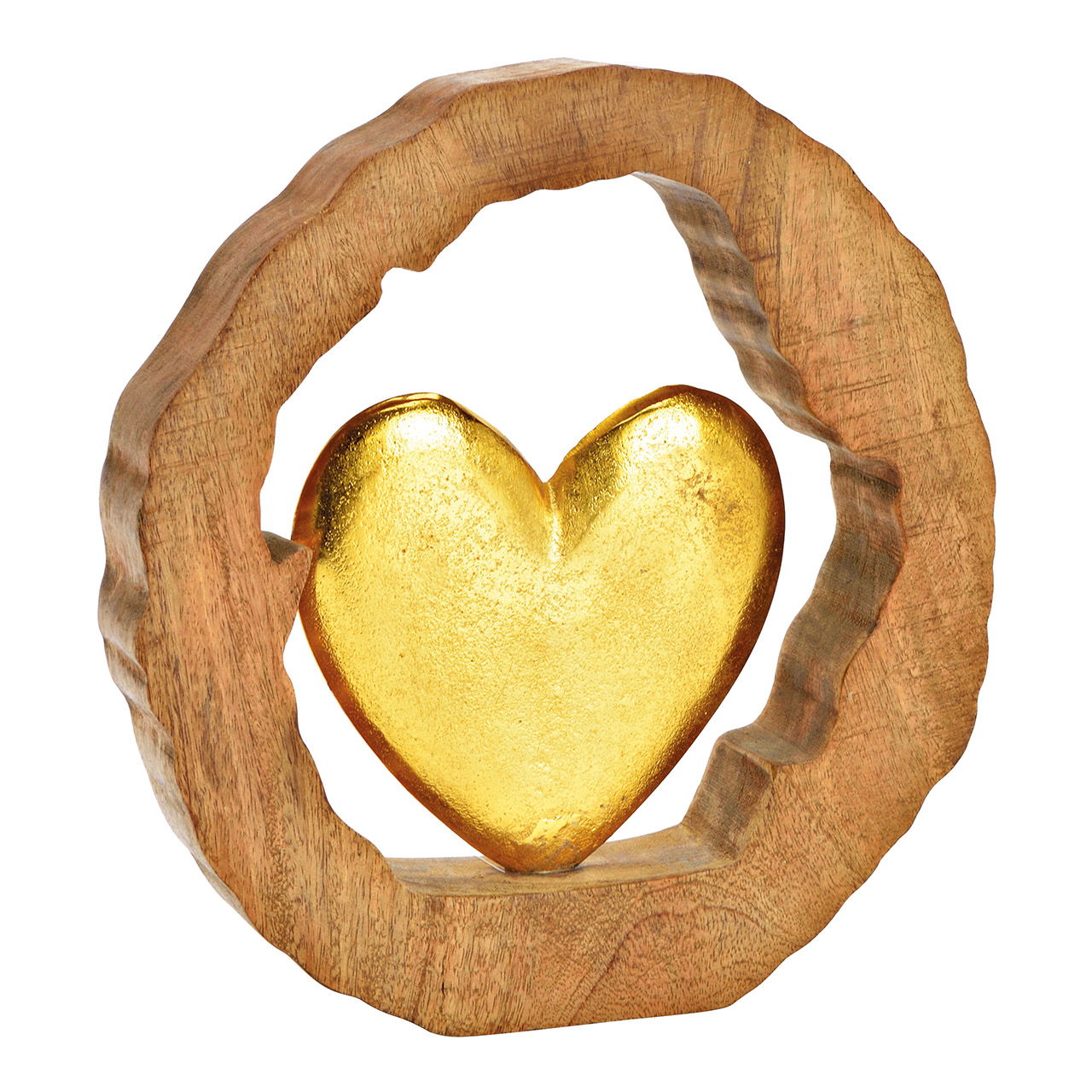 Heart in mango wood circle of metal gold (W/H/D) 28x29x5cm