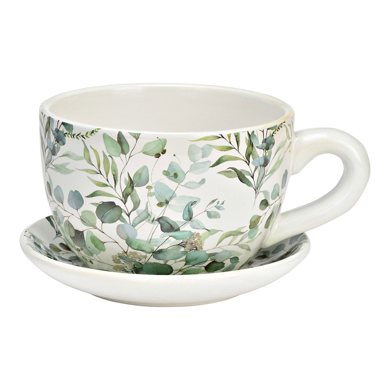 Vaso da fiori tazza eucalipto decoro ceramica verde (L/H/D) 20x12x15cm