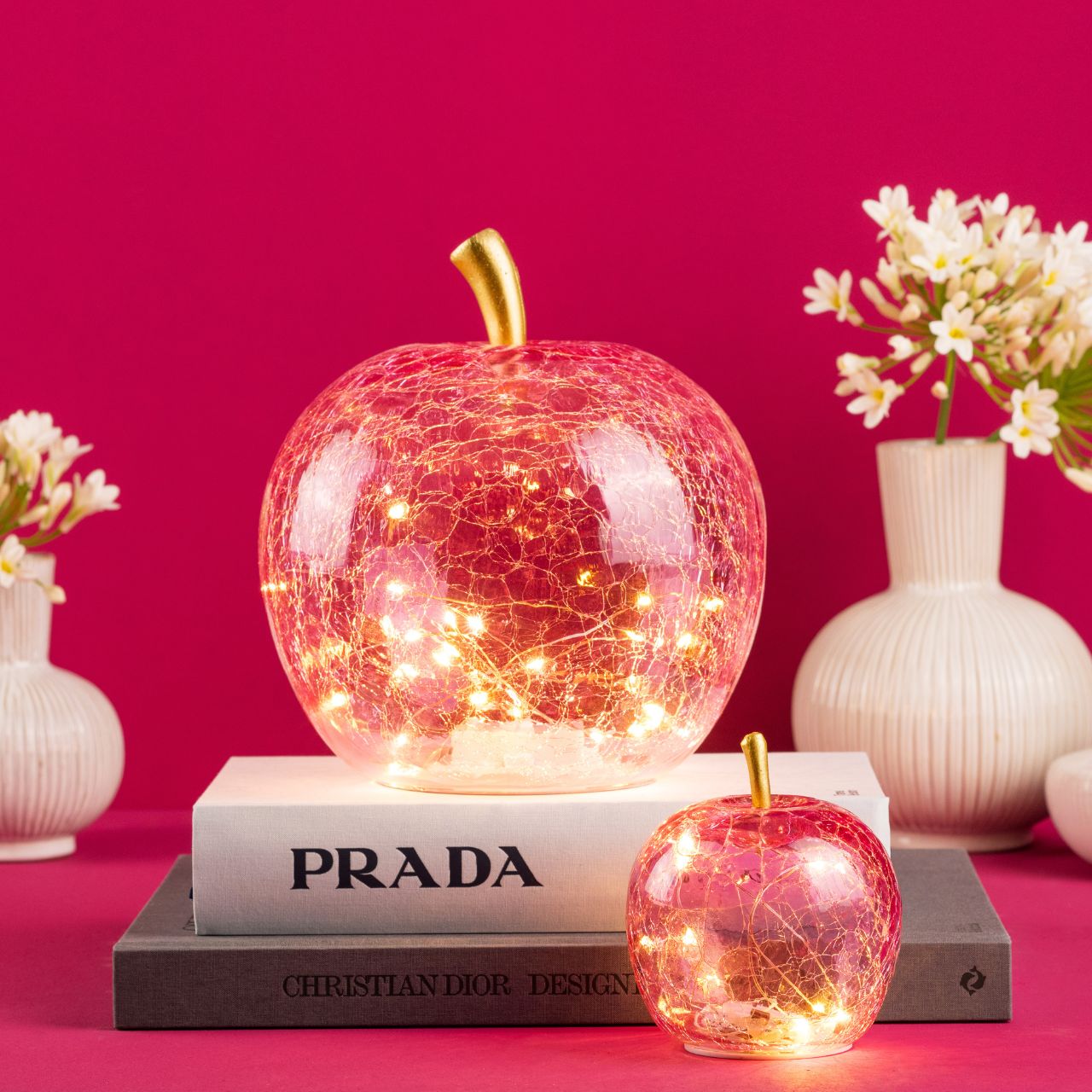 Manzana con 30 LED, con temporizador, de vidrio Rosa/Rosa (A/H/D) 22x24x22cm