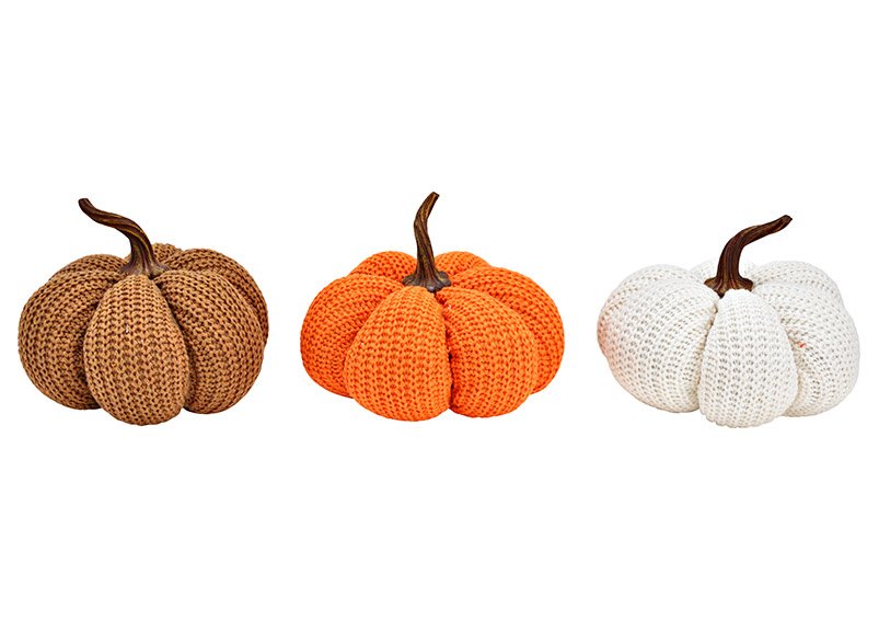 Textile pumpkin, poly orange, brown, white 3-fold, (W/H/D) 18x15x18cm