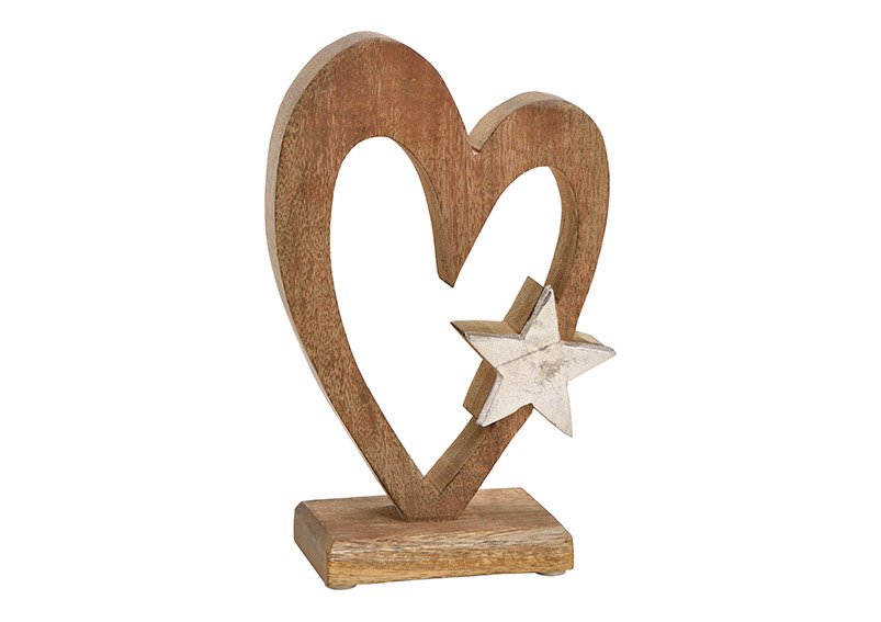 Heart with metal star dekor, mango wood, brown, 13x22x6cm