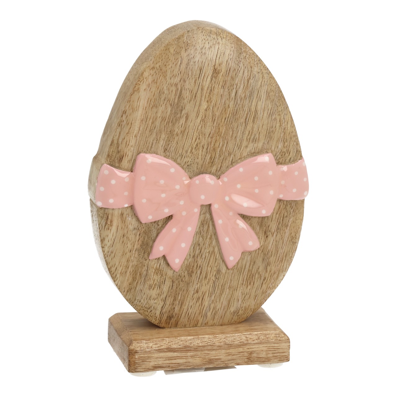Uovo di Pasqua con fiocco in legno di mango naturale (L/A/P) 10,5x16,5x5 cm Holzfigur, Ei Dekoration, hellbraun, pink Schleife, Dekorfigur