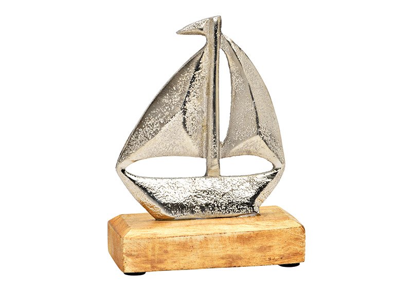 Display zeilboot op mango houten voet, gemaakt van metaal zilver (B/H/D) 10x13x5cm