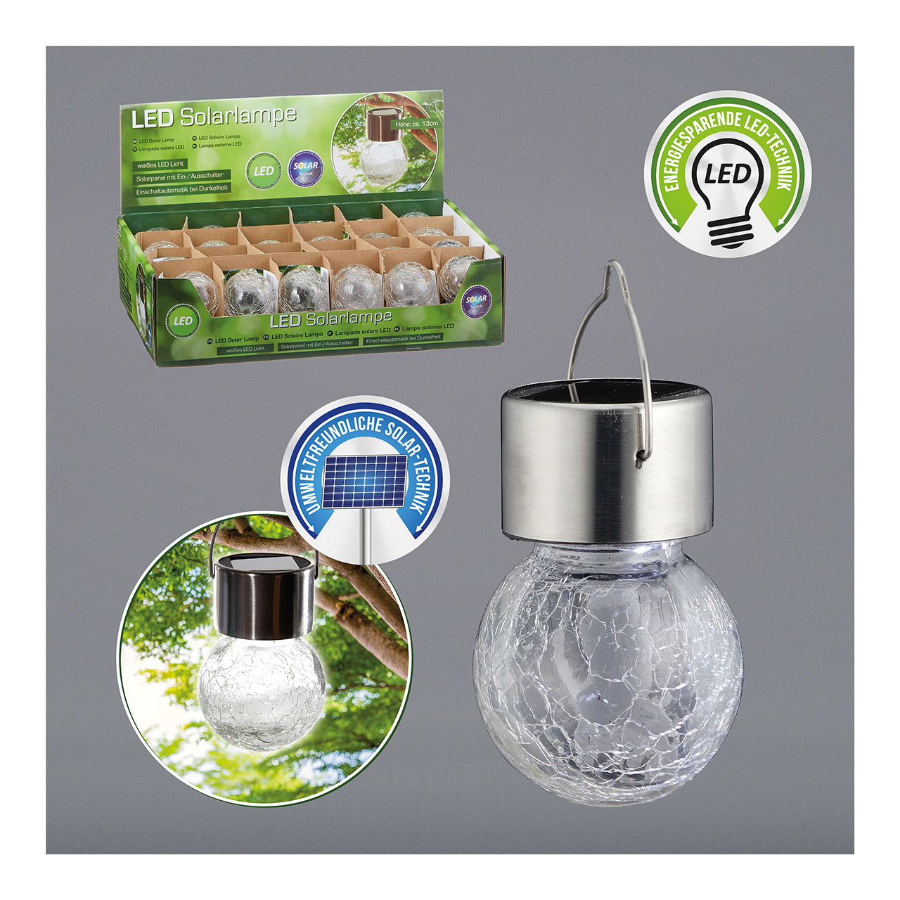 Solar light LED Crackle made of glass, stainless steel, plastic made of transparent glass, warm white, (W/H/D) 6x13x6cm incl. 1x1.2V Ni-Mh 200mAH. 2/3AAA, on and off switch, Solar light LED Crackle made of glass, stainless steel, plastic made of transparent glass, warm white, (W/H/D) 6x13x6cm incl. 1x1.2V Ni-Mh 200mAH. 2/3AAA, on and off switch,