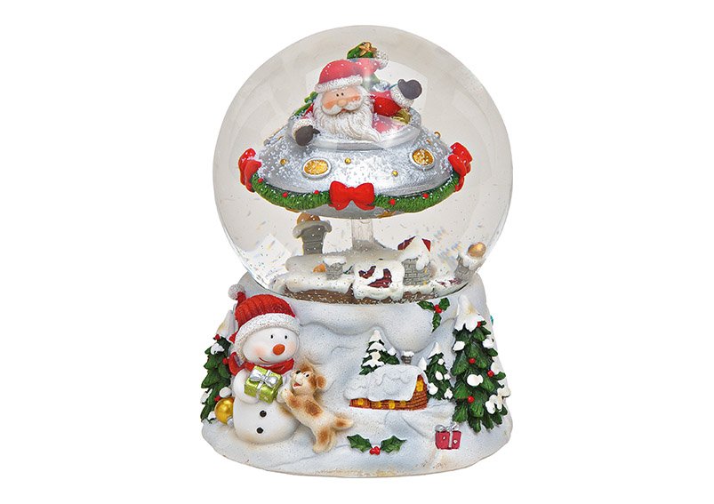 Spieluhr, Schneekugel Nikolaus auf UFO aus Poly, Glas Bunt (B/H/T) 10x14x11cm