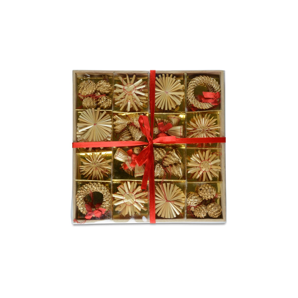 Assortimento di decorazioni in paglia. 3-6 cm. 56 pezzi/confezione. naturale/rosso. @