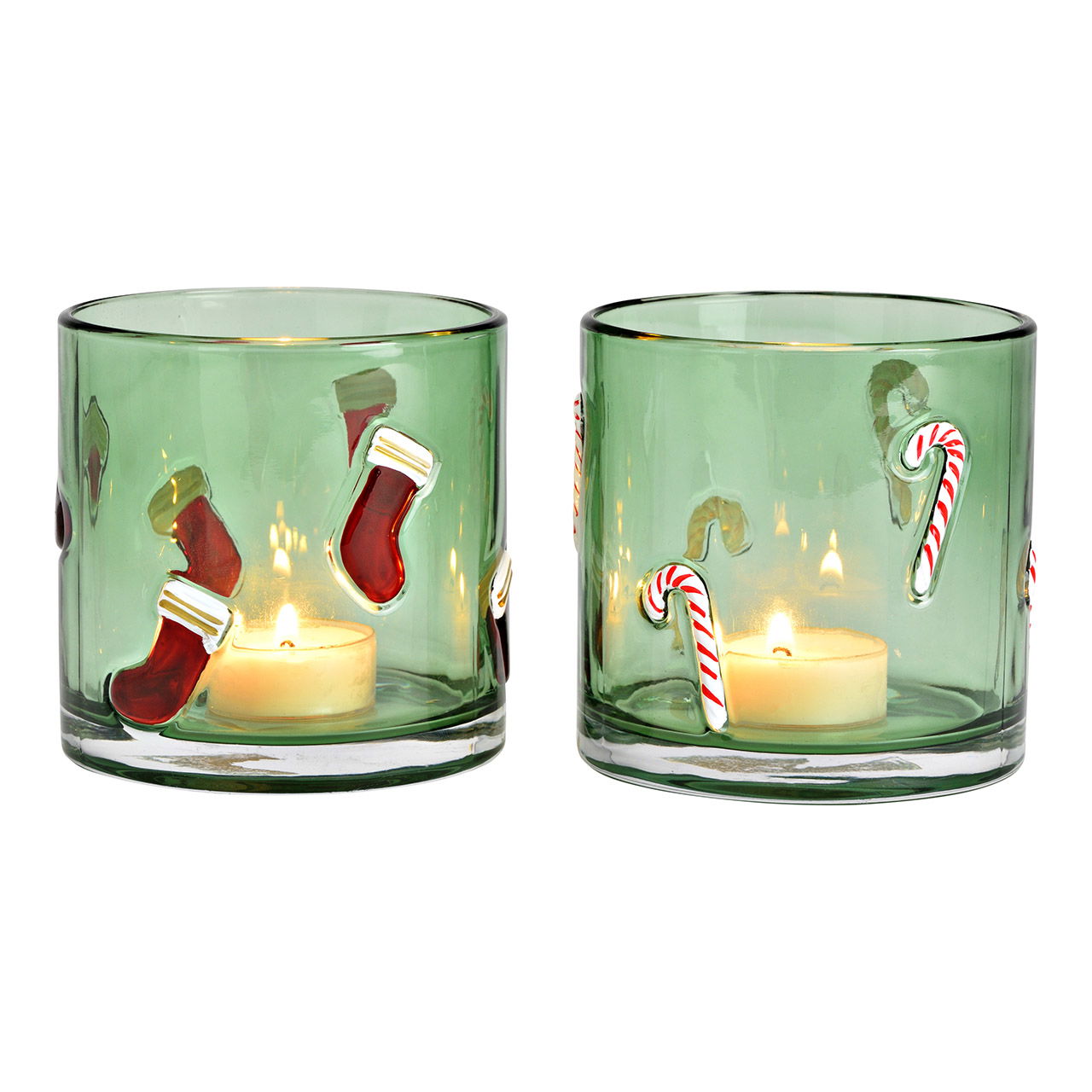 Photophore Noël Décor sucres d'orge, botte de Saint Nicolas en verre, double, vert (L/H/P) 10x10x10cm Glas, Tasse, Kerze
